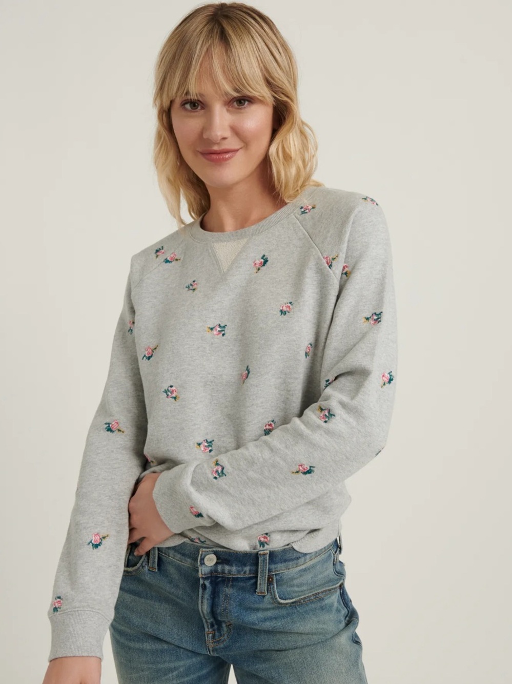 Lucky Brand Gray Crewneck Sweatshirt with Pink Rose Embroidery